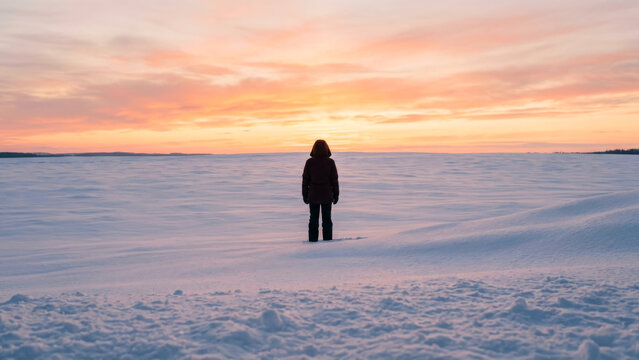 A lone traveler stands in a vast snowy desert watching a colorful winter sunset