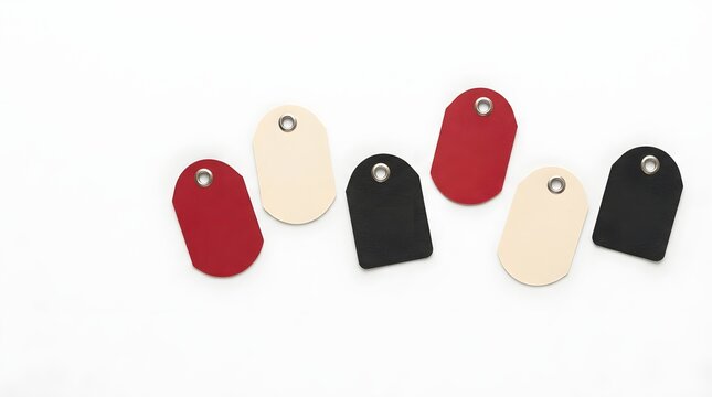 Set of colored leather luggage tags with metal grommets isolated on white background for design.
