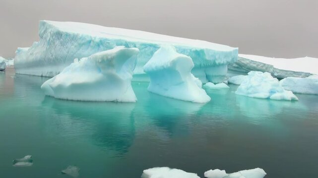 Sculpted Icebergs Floating in Clear Turquoise Water. Several white and blue ice formations rise from calm green-blue water, showing rounded arches, layered edges and contrasting frozen textures.