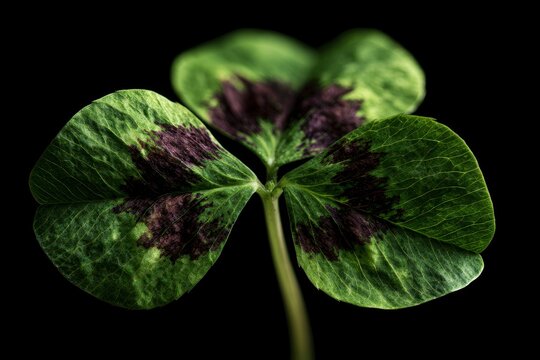A vibrant green clover leaf with dark purple markings against a black background
