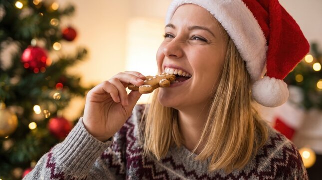 Joyful young woman enjoying a festive treat while celebrating christmas with a tree