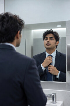 Young indian man in suit adjusting tie in bathroom mirror reflection, preparing for important job interview