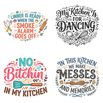 Set of four funny kitchen quote designs with cooking utensils and lettering