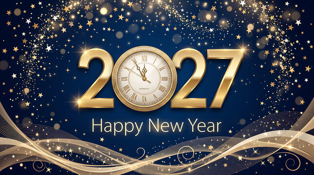Elegant 2027 New Year greeting illustration featuring a gold clock face with sparkling stars and abstract swirls on a dark blue gradient background