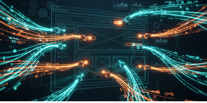 Abstract digital visualization of automated robotic web testing and synthetic UI interaction.
