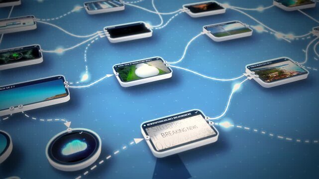 Close-up of glowing workflow nodes linking video clip panels on a blue canvas, cinematic depth of field for AI automation, content pipeline and tech marketing promos.