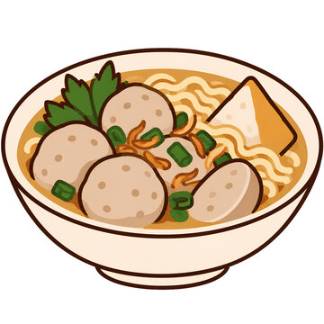 Meatball Soup with Noodles and Vegetables (Indonesian Food Bakso)