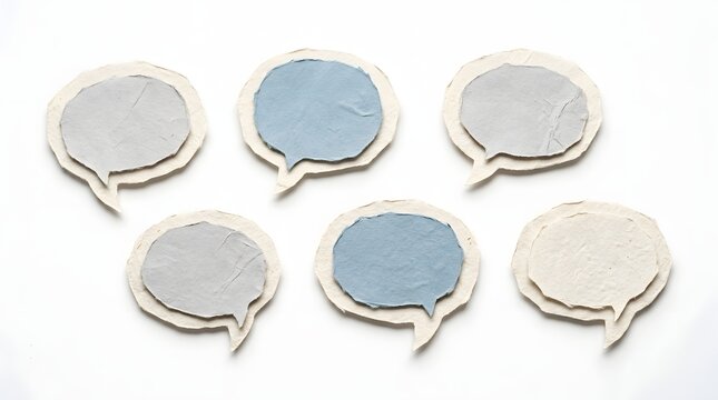 Set of five speech bubble shapes cut from textured blue and grey paper for chat message design.