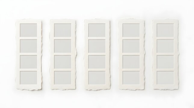 Set of five tall white paper frames with four rectangular cutouts each for stylish art display.