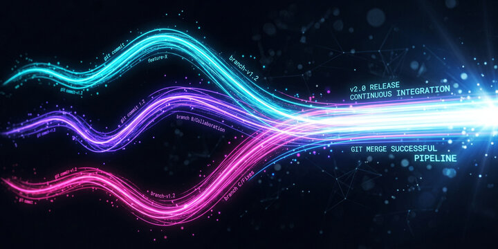 Glowing digital light trails representing software version control and branch merging.