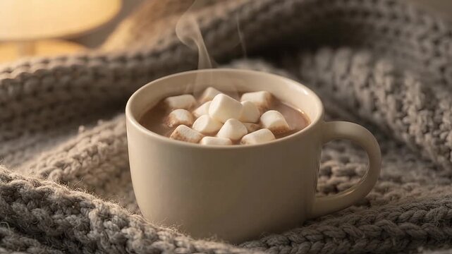 Ceramic Mug of Hot Chocolate with Marshmallows on Chunky Grey Knit Blanket