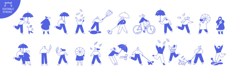 Obraz premium Monochrome blue outline vector set of people in autumn weather with umbrellas, wind, leaves, cycling, dog walking, raking and seasonal outdoor activities. Editable stroke.
