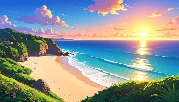 Dreamy Anime Seascape Featuring a Peaceful Beach, Golden Sunset, and Calm Ocean
