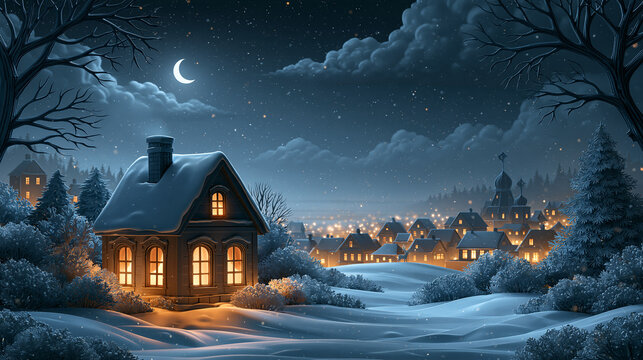 Illustration cut out of multilayer paper: winter night landscape with a cozy house in a snowy village under the light of the waning Moon on Christmas and New Year's Eve, copy space