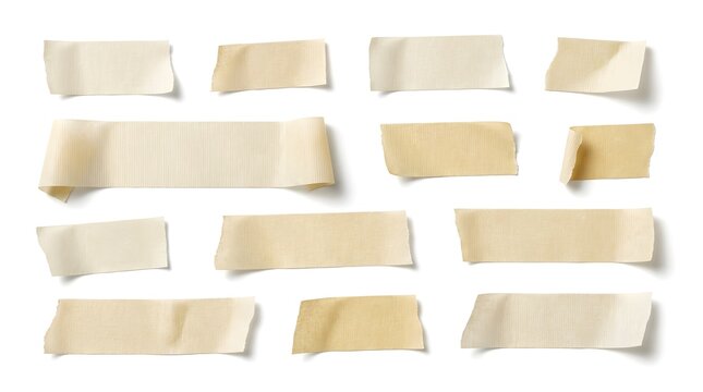Set of adhesive paper tape strips with ribbed texture isolated on white for design mockups.