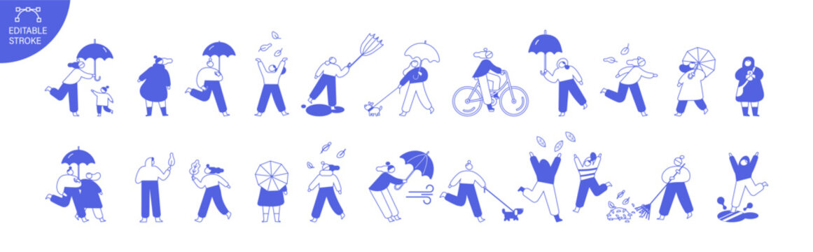 Monochrome blue outline vector set of people in autumn weather with umbrellas, wind, leaves, cycling, dog walking, raking and seasonal outdoor activities. Editable stroke.