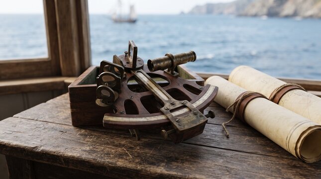 Vintage brass sextant and rolled antique nautical charts on rustic wooden table, maritime navigation instruments, classic sea exploration tools, tropical ocean voyage concept