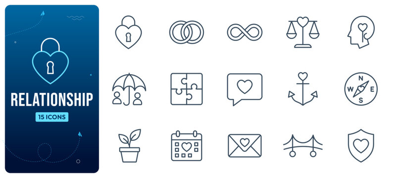 Set of Relationships icon set, romance, and love concepts outline