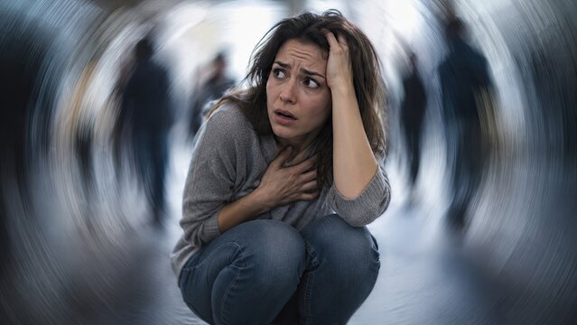 Distressed woman crouching with her hands on her head and chest amid blurred motion, depicting anxiety, fear, and emotional trauma.