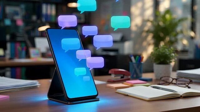 Smartphone on a desk with abstract chat bubbles floating above