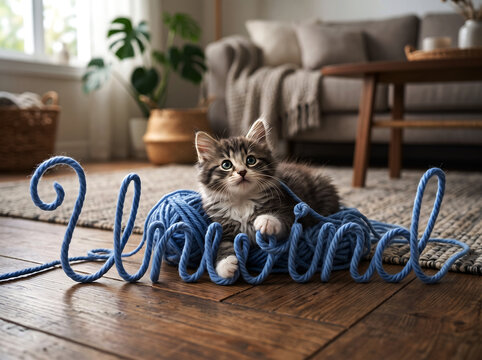 Fluffy kitten playing with blue yarn on a wooden floor, adorable pet indoors for cozy home settings.