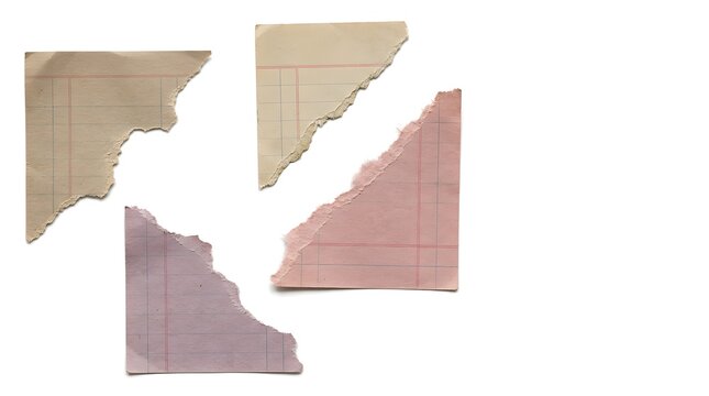Set of four vintage ledger paper scraps with ragged edges in muted multi color palette design.