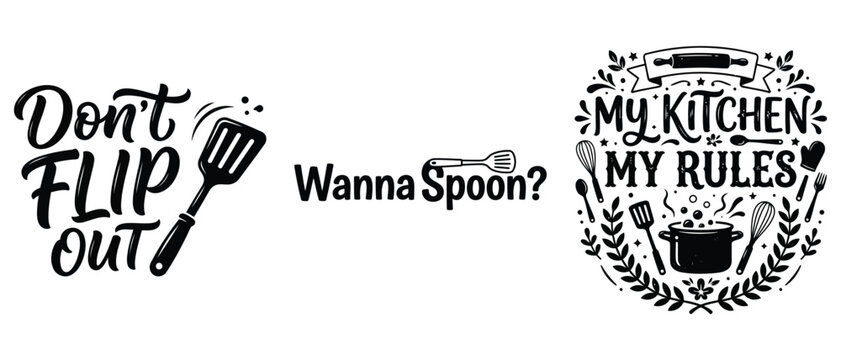 Black and white kitchen cooking quote signs with utensils for home wall decor