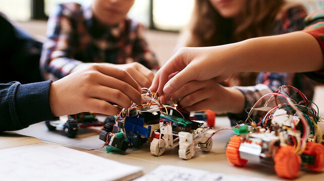 STEM education concept with students' hands assembling a learning structure together, highlighting teamwork, engineering, practical learning and technical skill