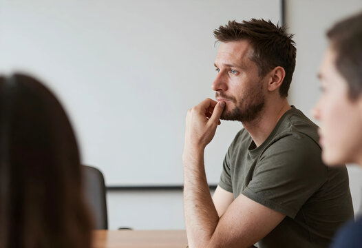 Collaboration and corporate strategy, thoughtful man listening in a business meeting with colleagues in a modern office environment during a team discussion