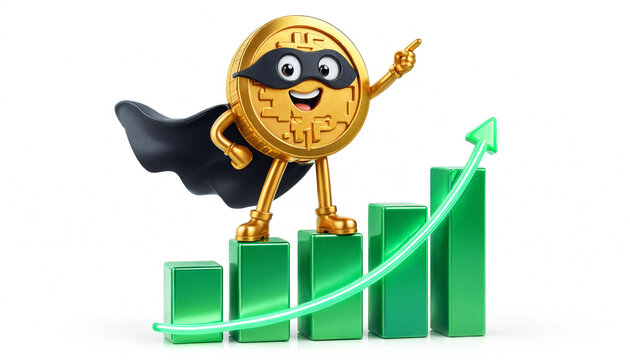 Cute cartoon Bitcoin superhero character flying over a rising bar graph for crypto market growth concept