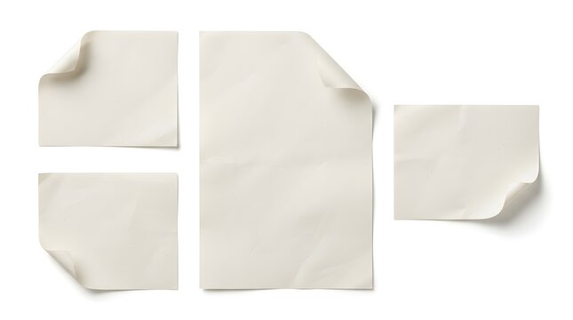Set of blank cream paper sheets with curled corners for elegant creative writing mockups use.