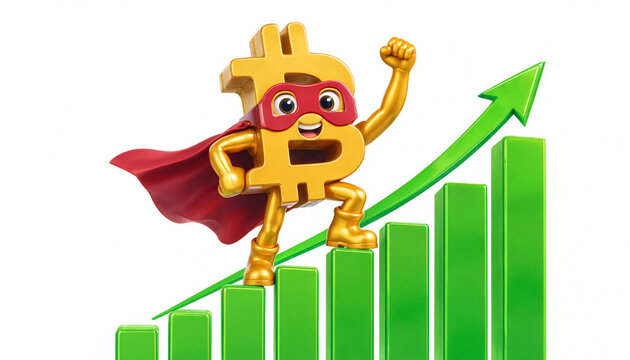 Cute cartoon Bitcoin superhero character flying over a rising bar graph for crypto market growth concept