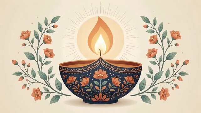 Elegant blue Diwali diya with glowing flame and symmetric floral branches animated background motion graphic

