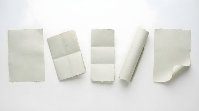 Set of blank folded and rolled light textured paper sheets for artistic stationery mockups.