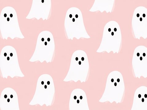 Cute ghost faces with three dots pattern on pink background