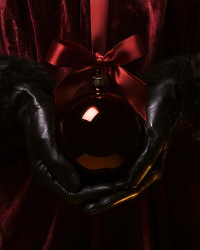 Close-up of woman's hands wearing black gloves and holding a glass Christmas ornament with a red velvet ribbon. Christmas celebration and refined gifting style.