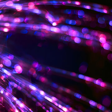 New year abstract neon background with prismatic light refraction, streaming light trails and sparkling bokeh in vibrant violet and purple tones