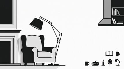 Minimalist cozy reading nook illustration with armchair and copy space © Alfik A