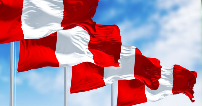 Close-up view of Peru national flags waving in the wind