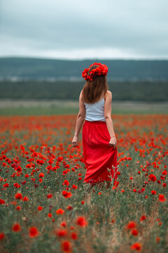Woman field poppies walking red. Young girl with flower crown walking through blooming poppy field under cloudy sky.