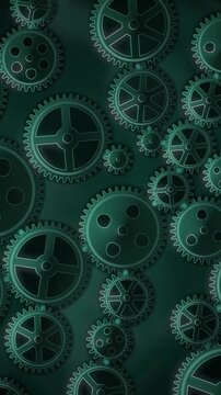 Interlocking Metal Gears Rotating Clockwork Mechanism Background Seamless Loop in bright emerald tones vertical 9:16