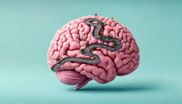 Human brain with a winding road passing through it for neural pathways and thought journey concept