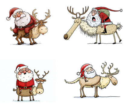 Tired Santa Claus riding a reindeer humor design illustration