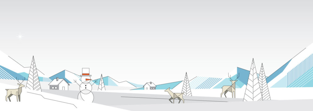 Minimalist geometric winter wonderland with dusk sky background modern retro style horizontal template have blank space.