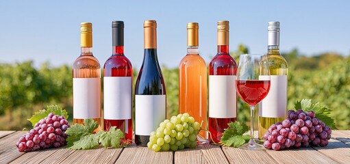 Obraz premium Rustic wooden table showcasing Croatian wine bottles surrounded by grapevines in a summer vineyard setting.