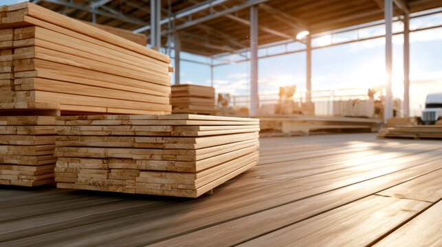 Lumber stack warehouse timber construction material supply chain crisis warm sunlight highlights stacked lumber spacious warehouse, suggesting building demand, inventory pressure, and logistical