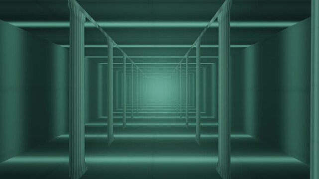 Wide Bay Stone Pillar Gallery Under Skylight Slots, Slow Zoom Out Pull Back Down the Aisle, Seamless Loop in cool jade tones