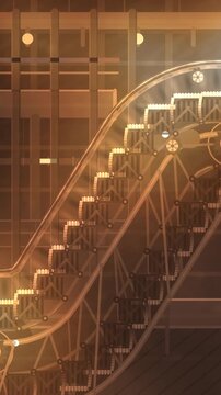 Escalator truss cutaway showing step chain, comb plate transition and returning steps on the underside loop in bright terracotta tones vertical 9:16