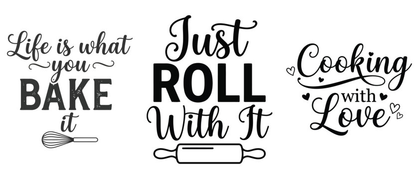 Set of black kitchen baking quotes and typography designs isolated on white