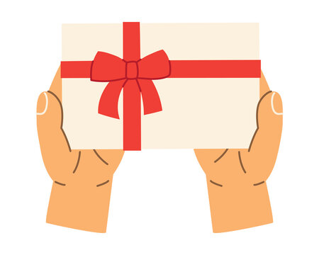hand holding gift with red ribbon, present for holidays, birthdays, celebrations, and special occasions - vector illustration